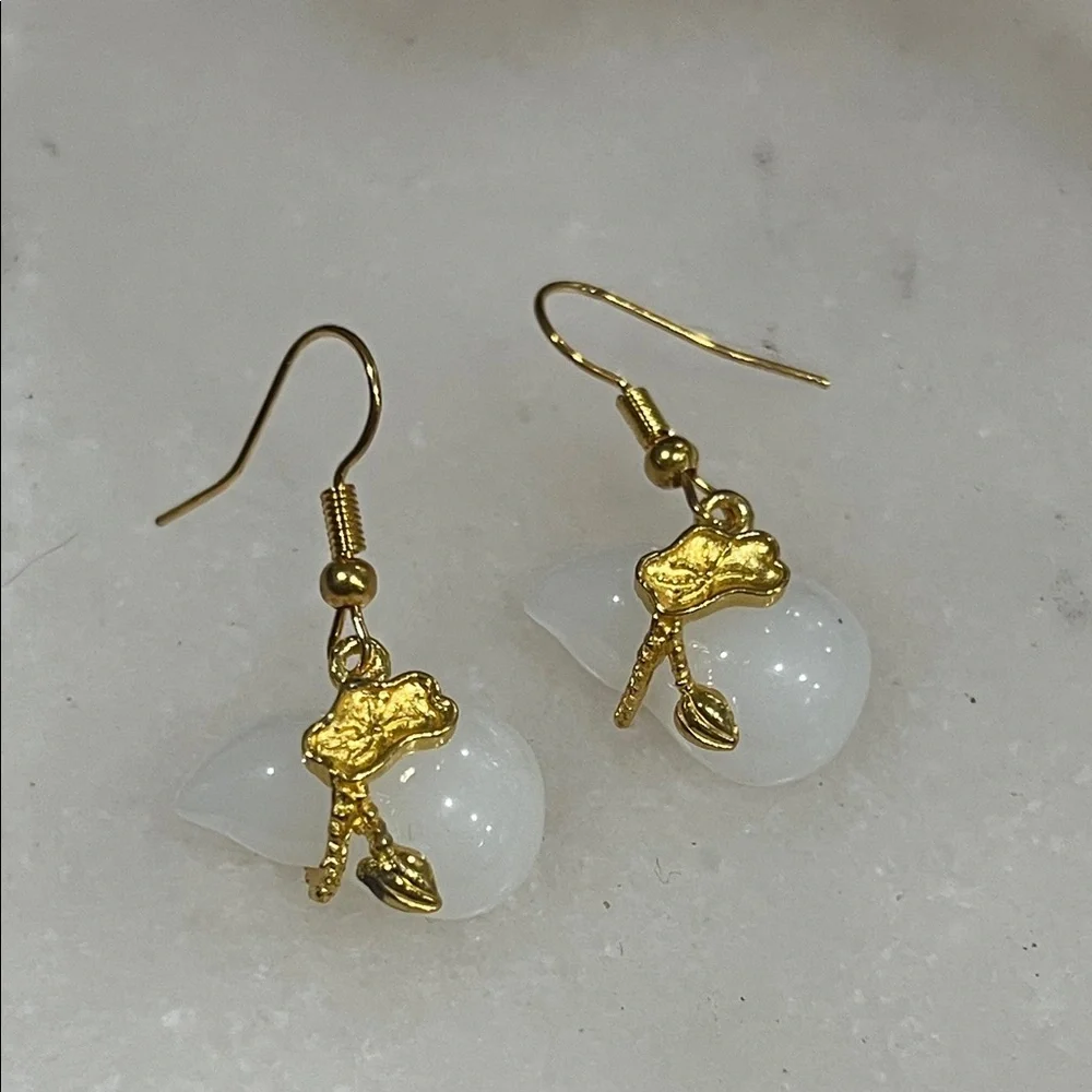 White Jade Drop Earrings Gold Tone | Minimalist Dainty Stone Jewelry